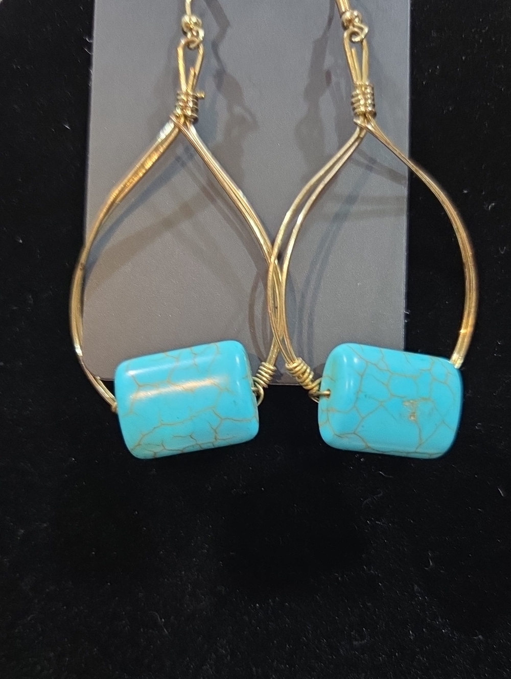 GOLDTONE DANGLE EARRINGS WITH TURQUOISE COLORED STONES